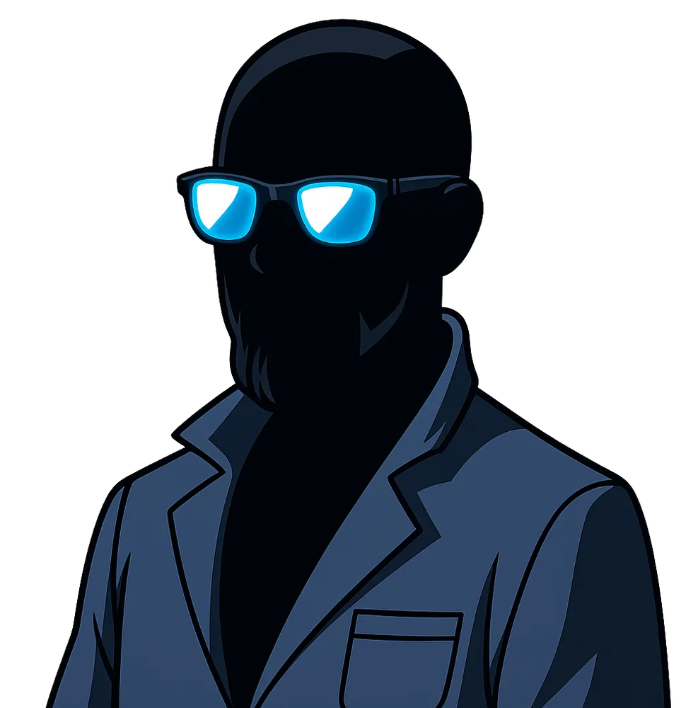The Founder, in silhouette with glowing glasses